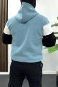 Erkek Slim Fit Renk Bloklu Kapüşonlu Sweatshirt Açık Mavi Edw438