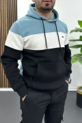 Erkek Slim Fit Renk Bloklu Kapüşonlu Sweatshirt Açık Mavi Edw438