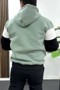 Erkek Slim Fit Renk Bloklu Kapüşonlu Sweatshirt Açık Yeşil Edw438