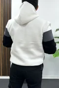 Erkek Slim Fit Renk Bloklu Kapüşonlu Sweatshirt Beyaz Edw438