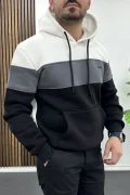 Erkek Slim Fit Renk Bloklu Kapüşonlu Sweatshirt Beyaz Edw438