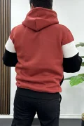 Erkek Slim Fit Renk Bloklu Kapüşonlu Sweatshirt Kırmızı Edw438