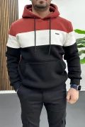 Erkek Slim Fit Renk Bloklu Kapüşonlu Sweatshirt Kırmızı Edw438