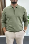 Erkek Yarım Fermuarlı Düz Desen Polo Yaka Kazak Haki Edw424