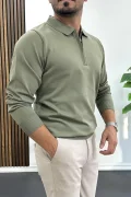Erkek Yarım Fermuarlı Düz Desen Polo Yaka Kazak Haki Edw424