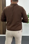 Erkek Yarım Fermuarlı Düz Desen Polo Yaka Kazak Kahverengi Edw424