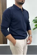 Erkek Yarım Fermuarlı Düz Desen Polo Yaka Kazak Lacivert Edw424