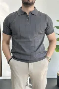 Erkek Yarım Fermuarlı Polo Yaka Tişört Füme Edw257