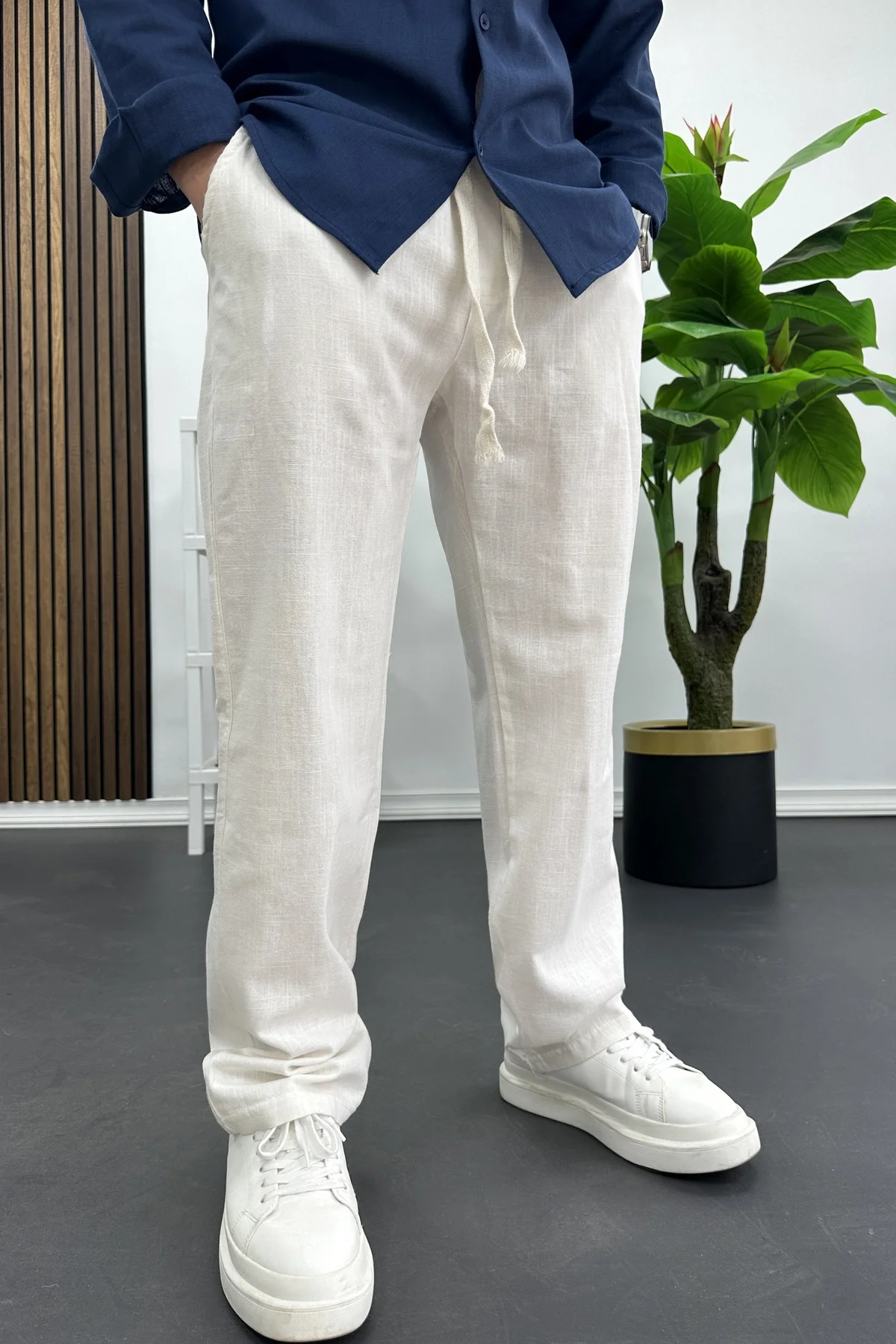 Erkek Pamuklu Keten Görünümlü Pantolon Kırık Beyaz Edw443