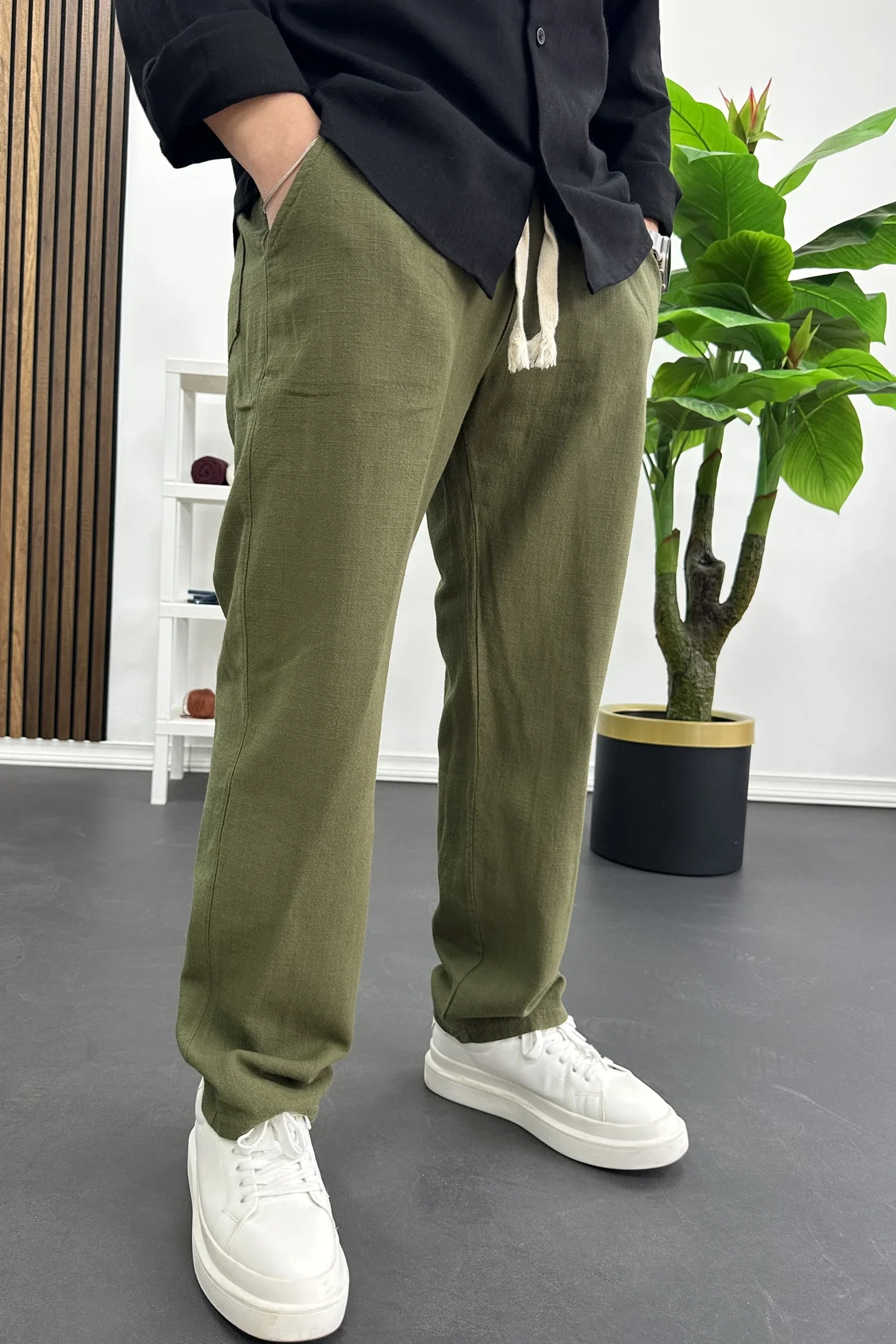 Erkek Pamuklu Keten Görünümlü Pantolon Yeşil Edw443