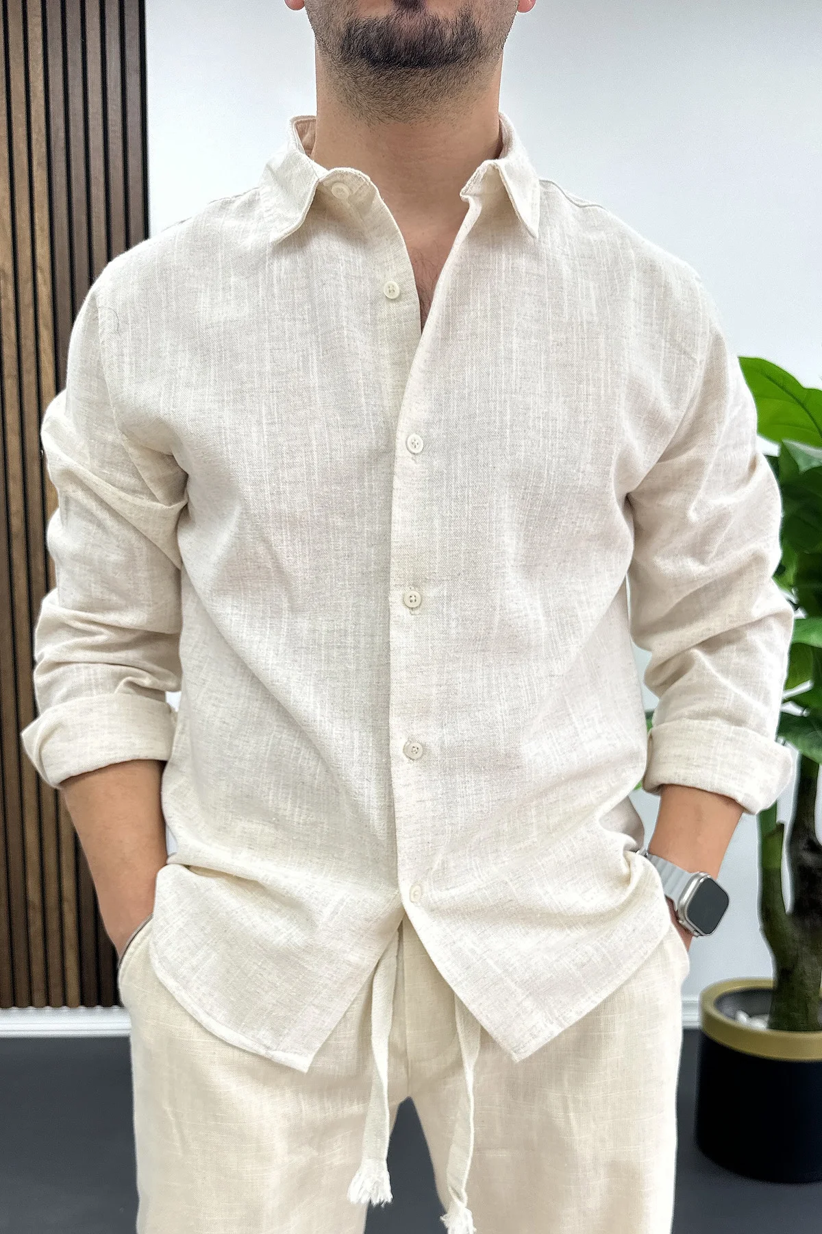 Erkek Pamuklu Keten Görünümlü Gömlek Bej Edw444