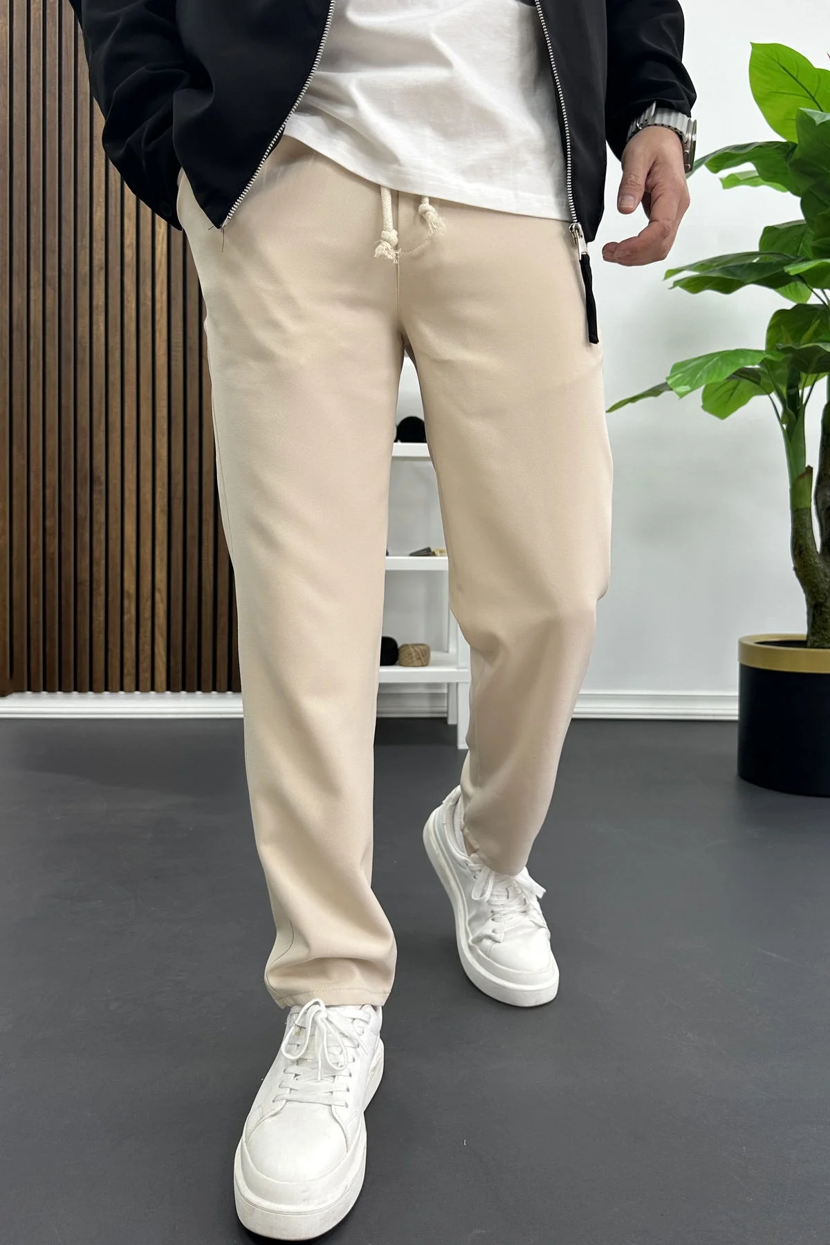 Erkek Düz Jogger Pantolon Krem Edw451