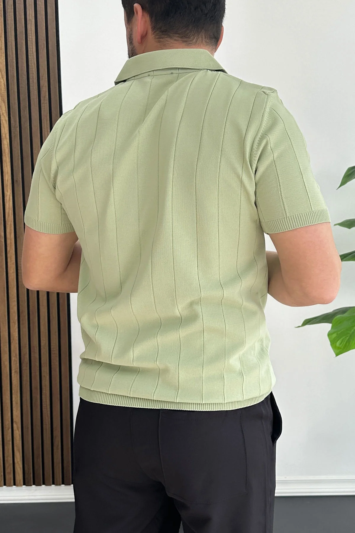 Erkek Slim Fit Fermuarlı Polo Yaka Tişört Açık Yeşil Edw452