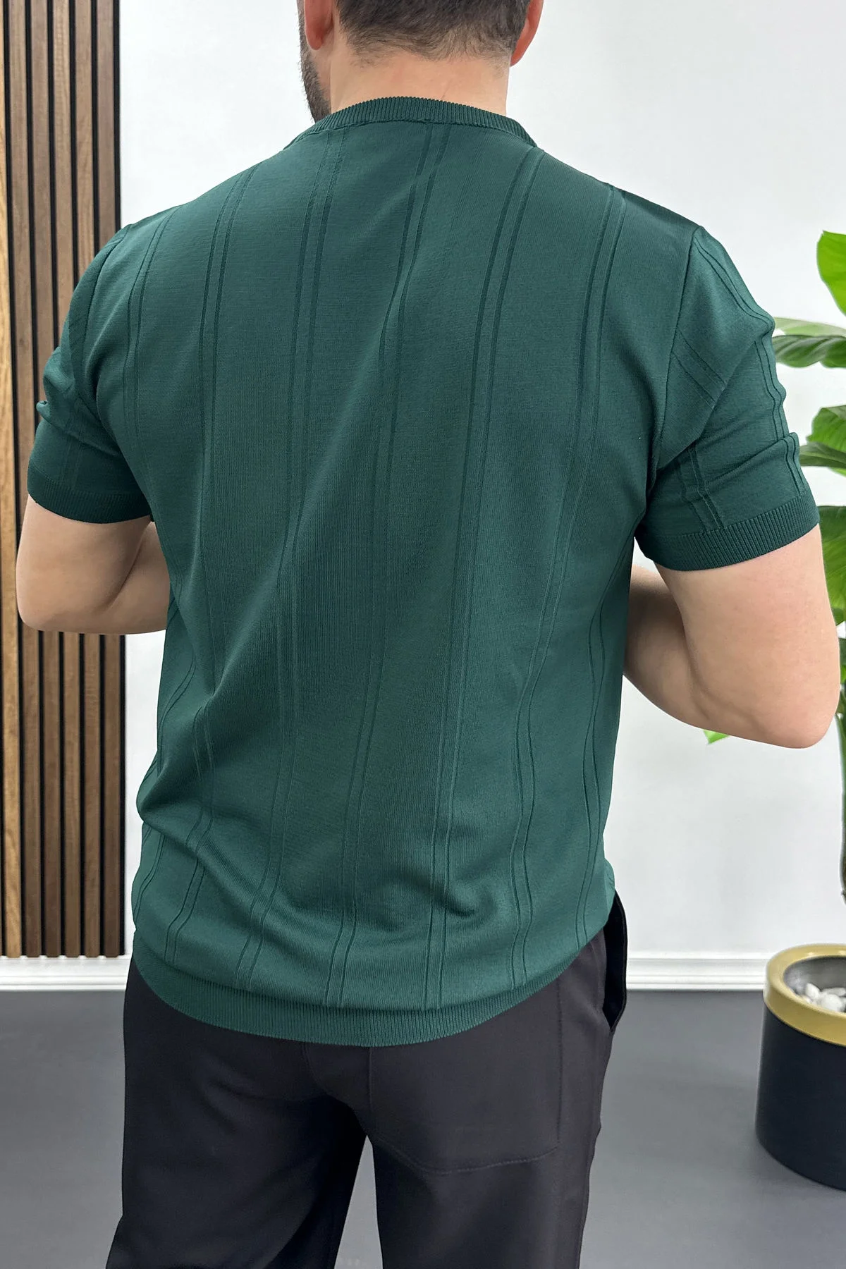 Erkek Bisiklet Yaka Desenli Tişört Yeşil Edw454