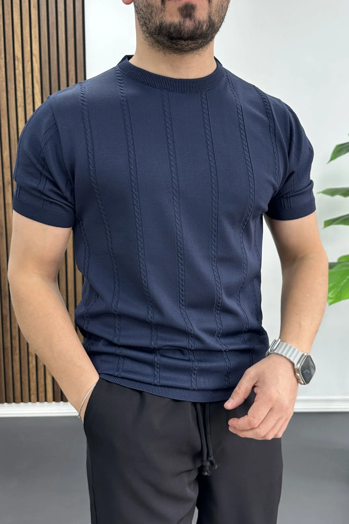 Erkek Bisiklet Yaka Desenli Tişört Lacivert Edw454