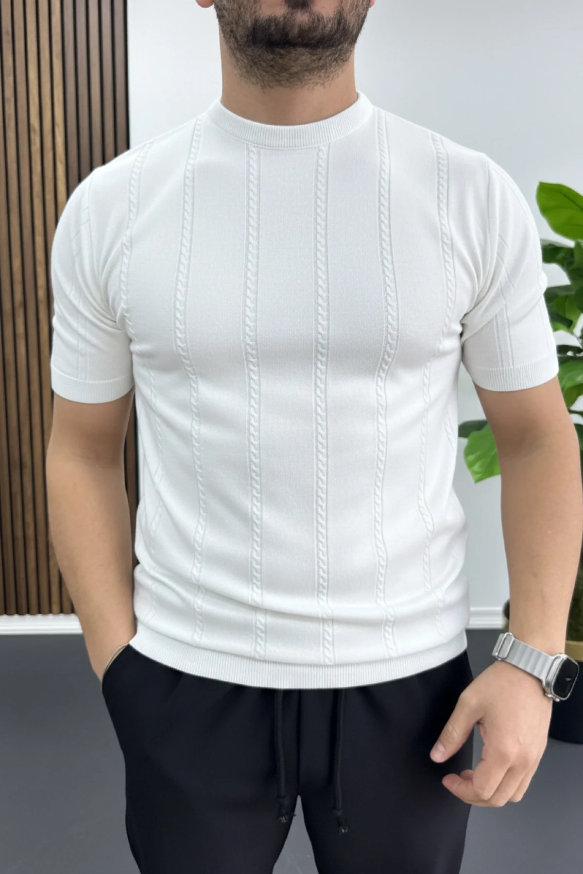 Erkek Bisiklet Yaka Desenli Tişört Beyaz Edw454