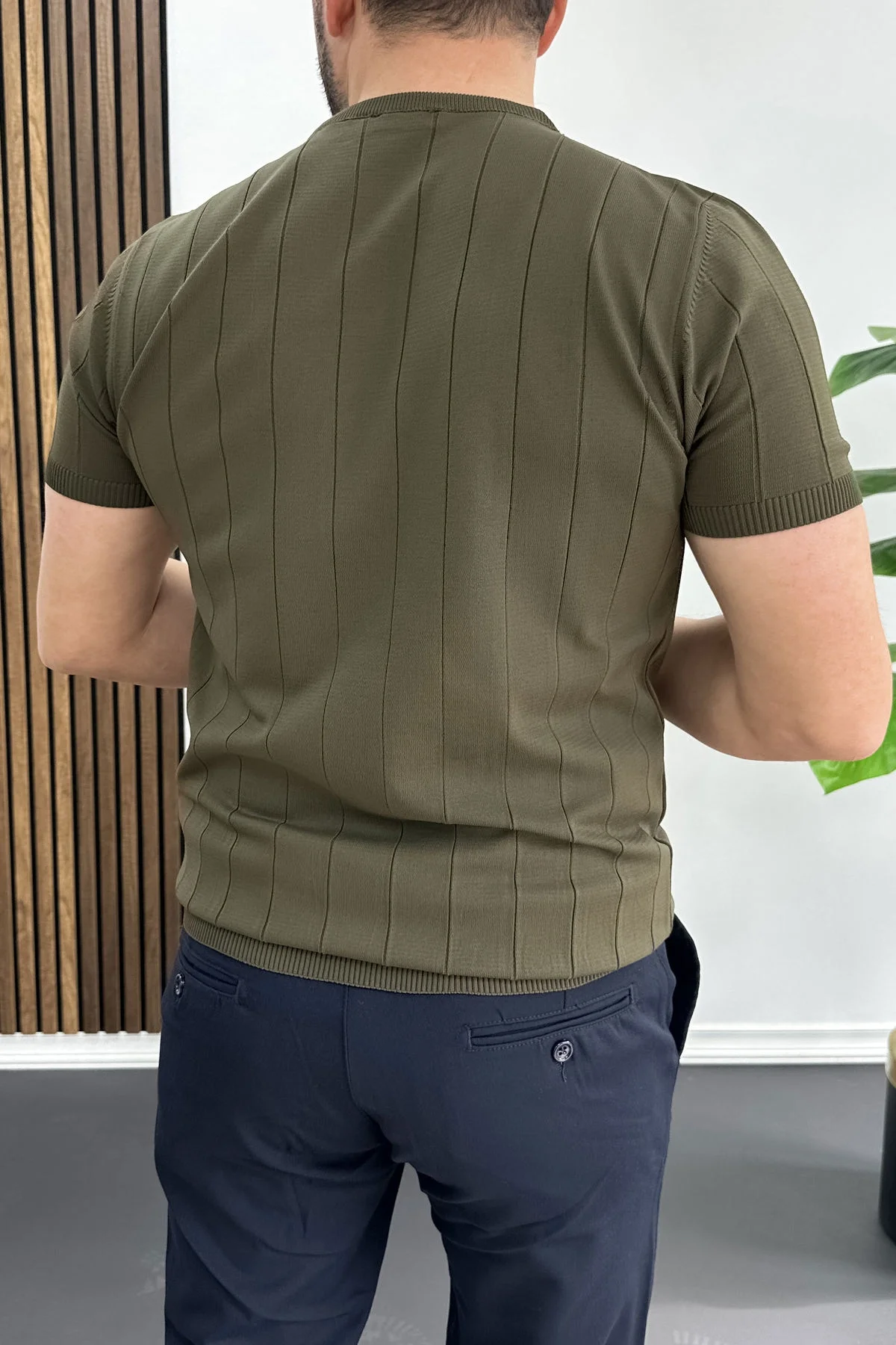 Erkek Bisiklet Yaka Çizgili Tişört Haki Edw456