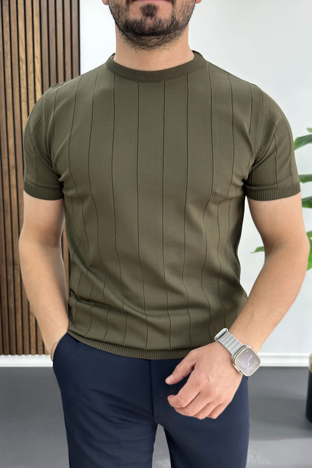 Erkek Bisiklet Yaka Çizgili Tişört Haki Edw456