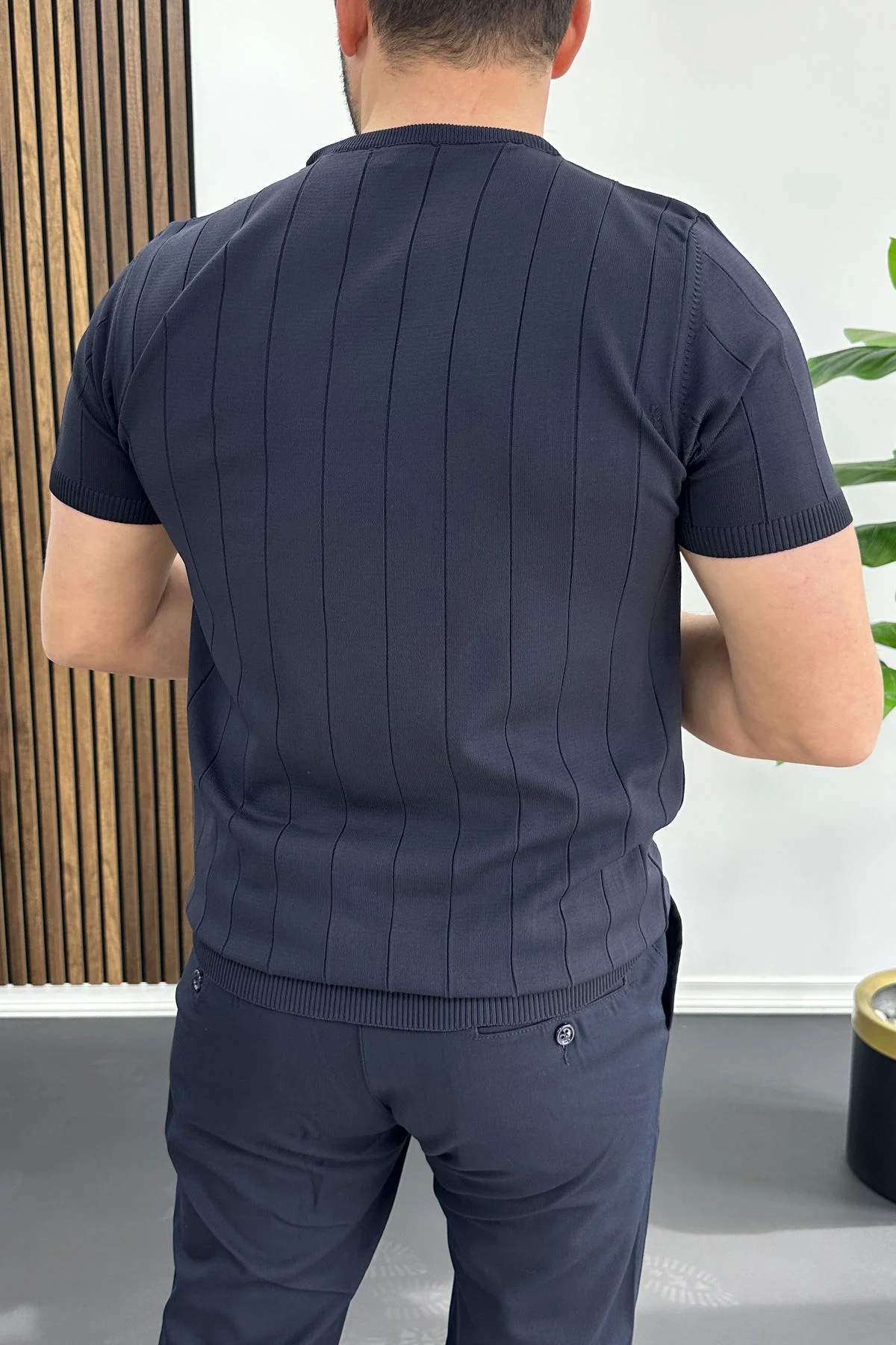 Erkek Bisiklet Yaka Çizgili Tişört Lacivert Edw456