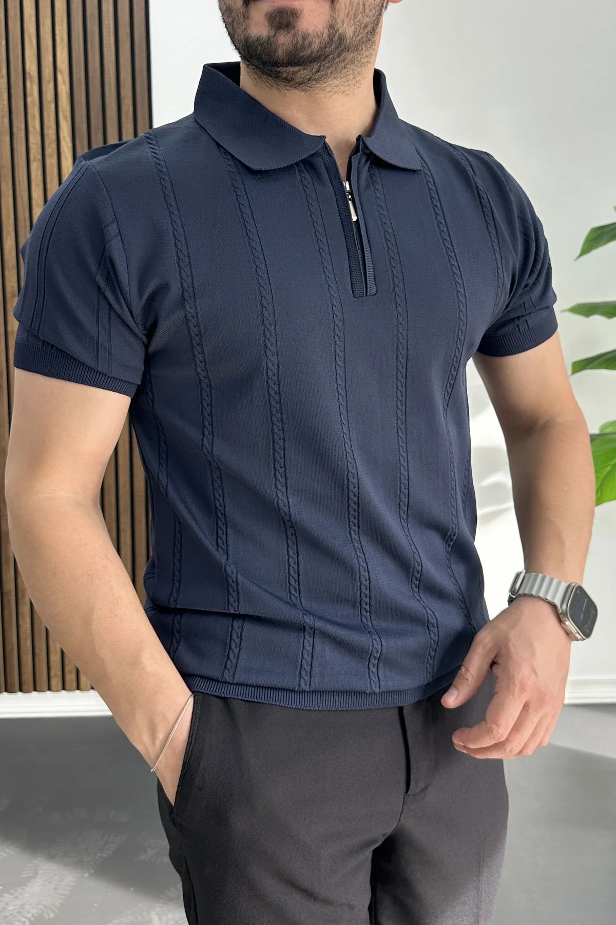 Erkek Desenli Polo Yaka Tişört Lacivert Edw457