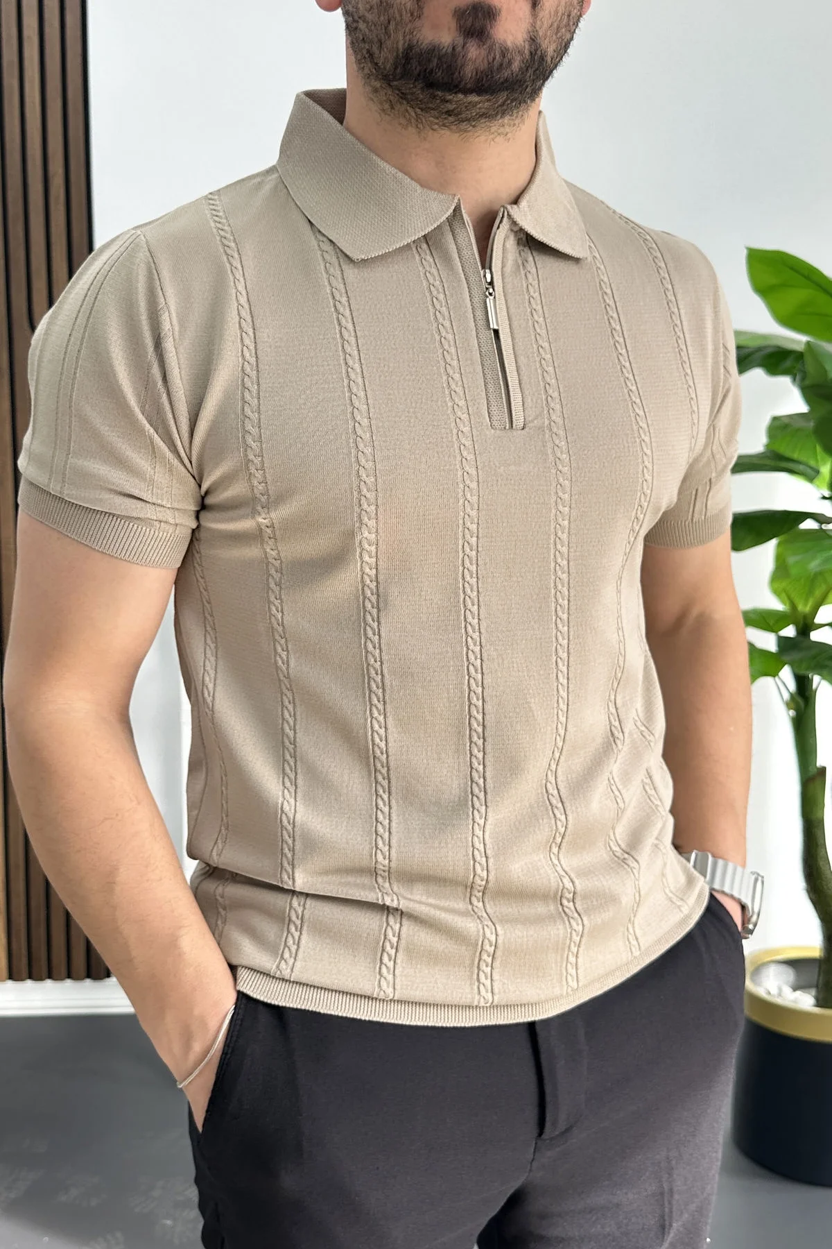 Erkek Desenli Polo Yaka Tişört Vizon Edw457