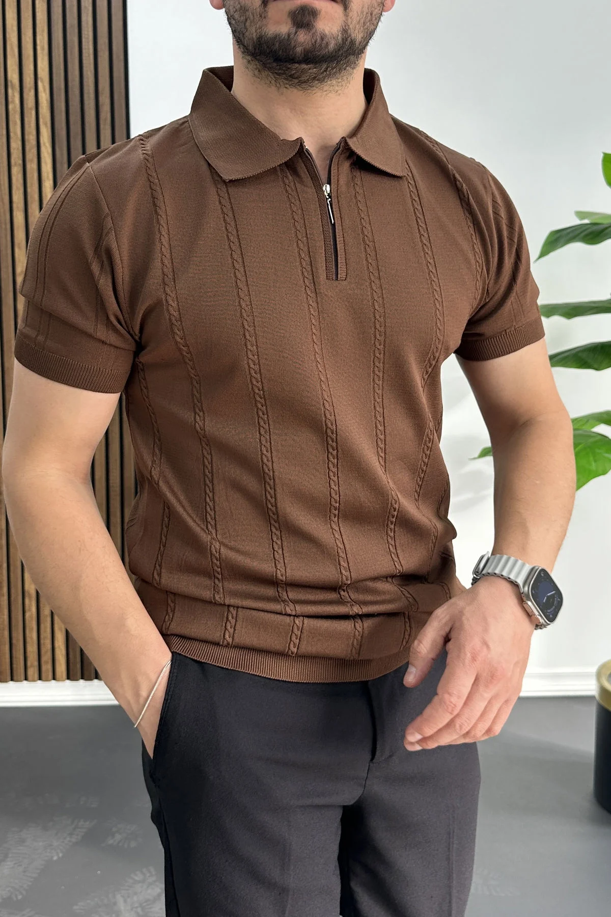 Erkek Desenli Polo Yaka Tişört Kahverengi Edw457