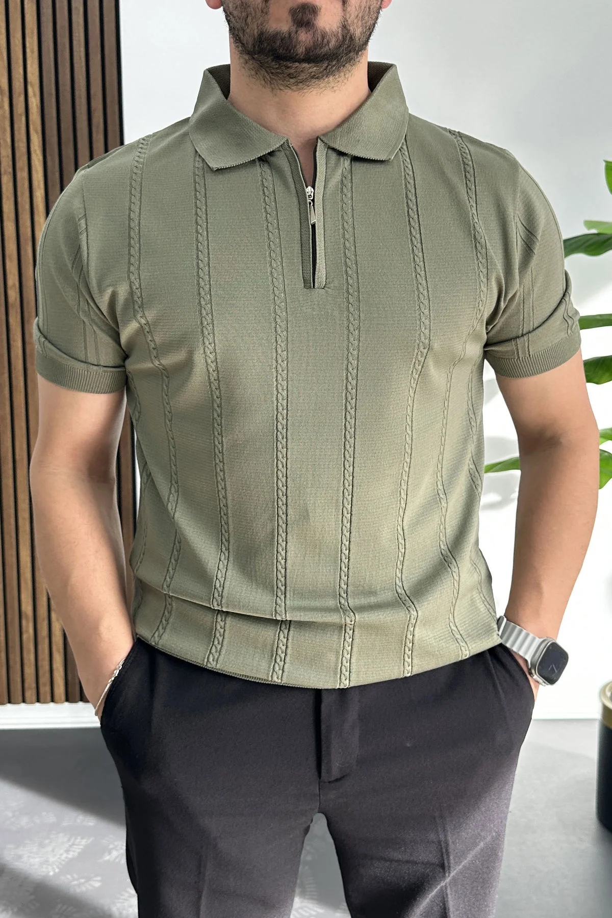 Erkek Desenli Polo Yaka Tişört Açık Yeşil Edw457