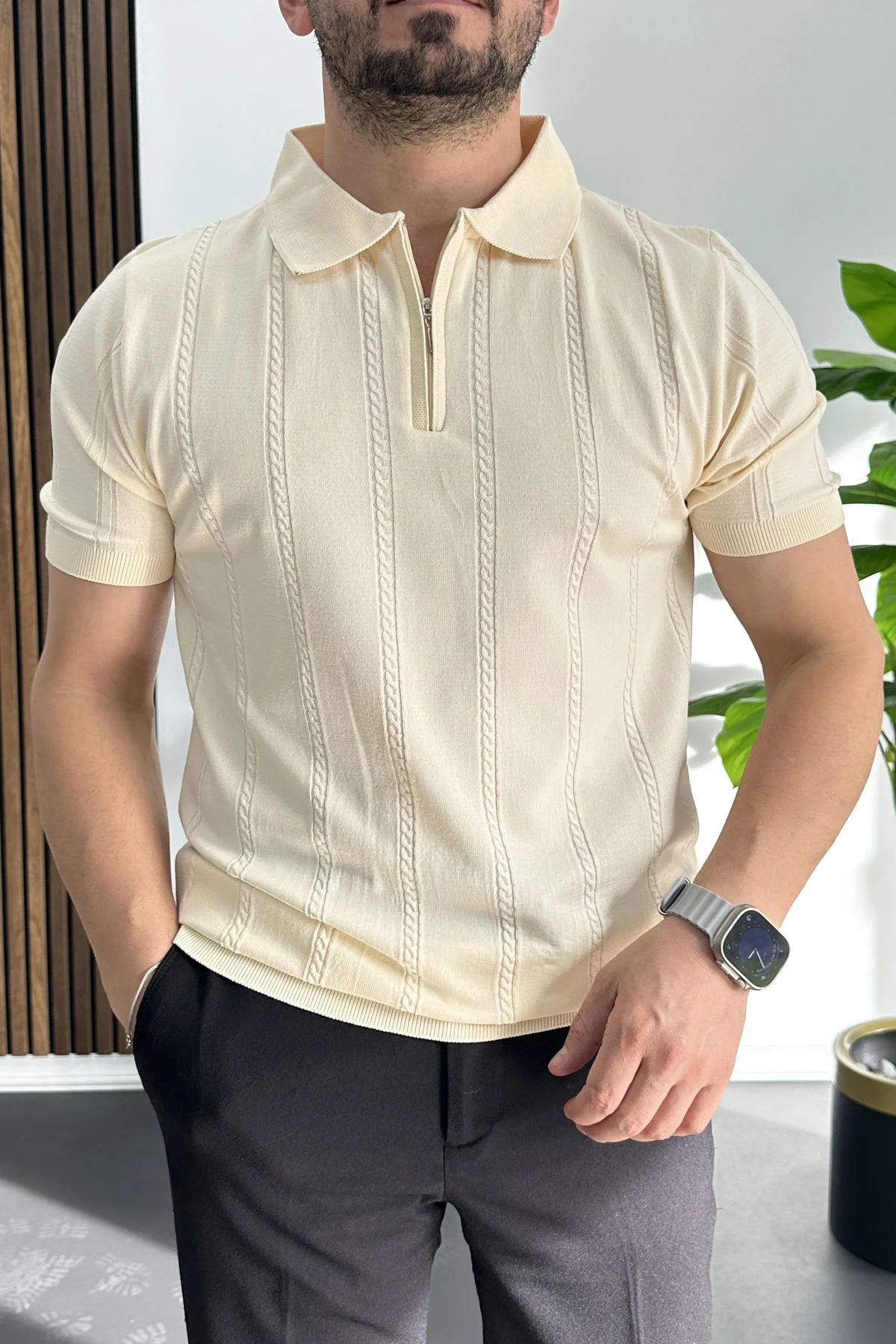 Erkek Desenli Polo Yaka Tişört Krem Edw457