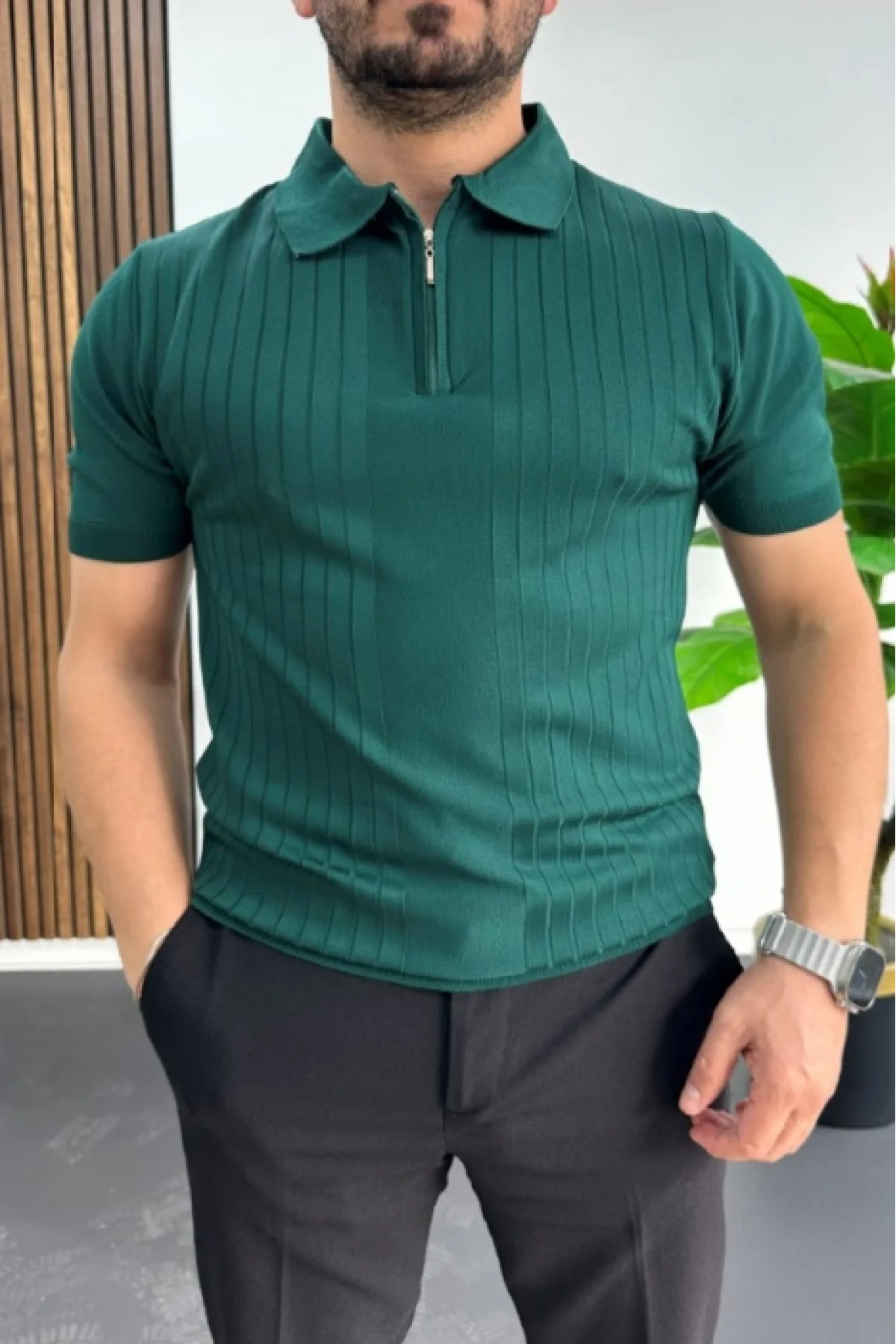 Erkek Çizgi Desenli Polo Yaka Yeşil Edw458