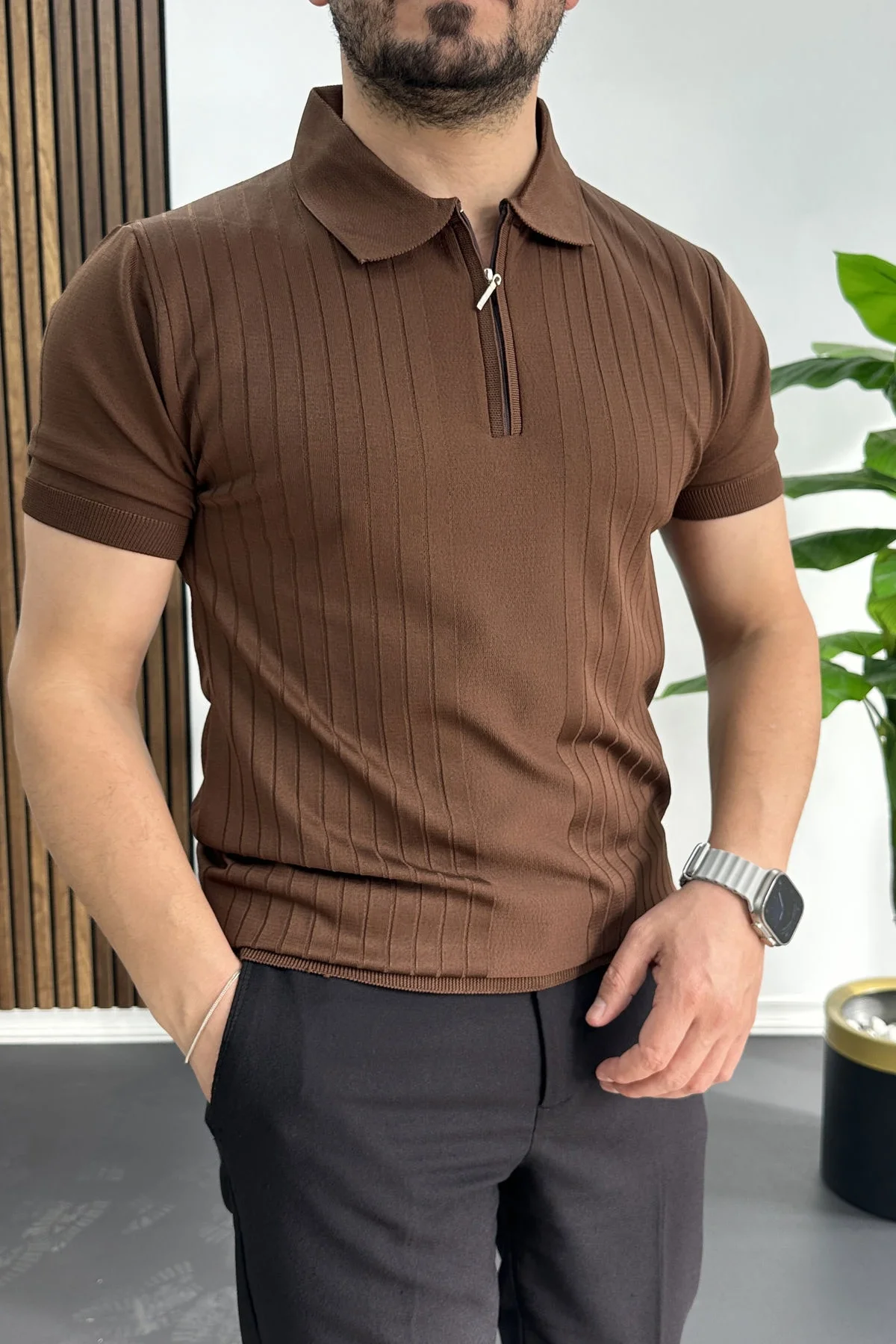 Erkek Çizgi Desenli Polo Yaka Kahverengi Edw458