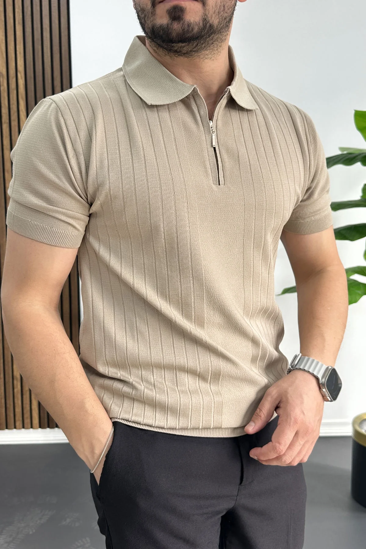 Erkek Çizgi Desenli Polo Yaka Vizon Edw458