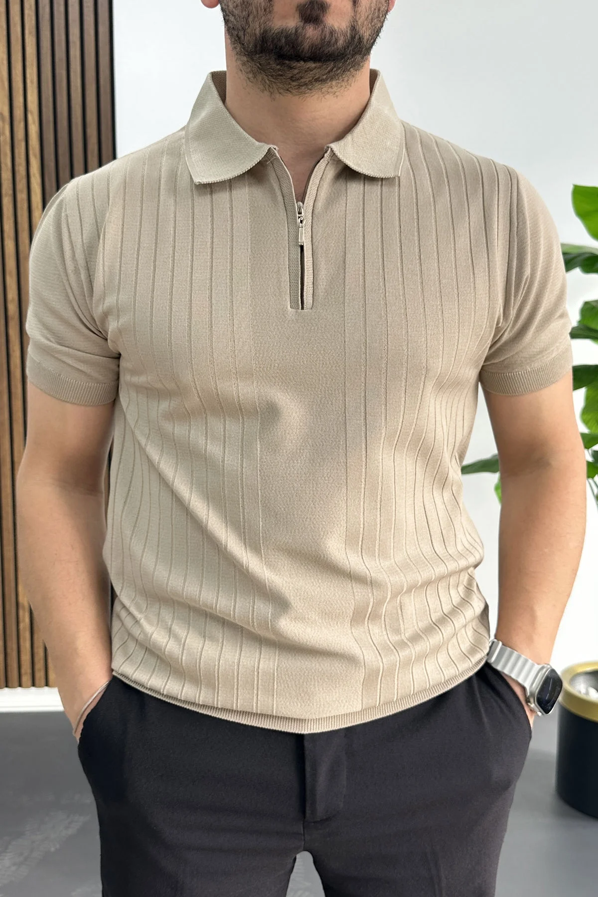 Erkek Çizgi Desenli Polo Yaka Vizon Edw458