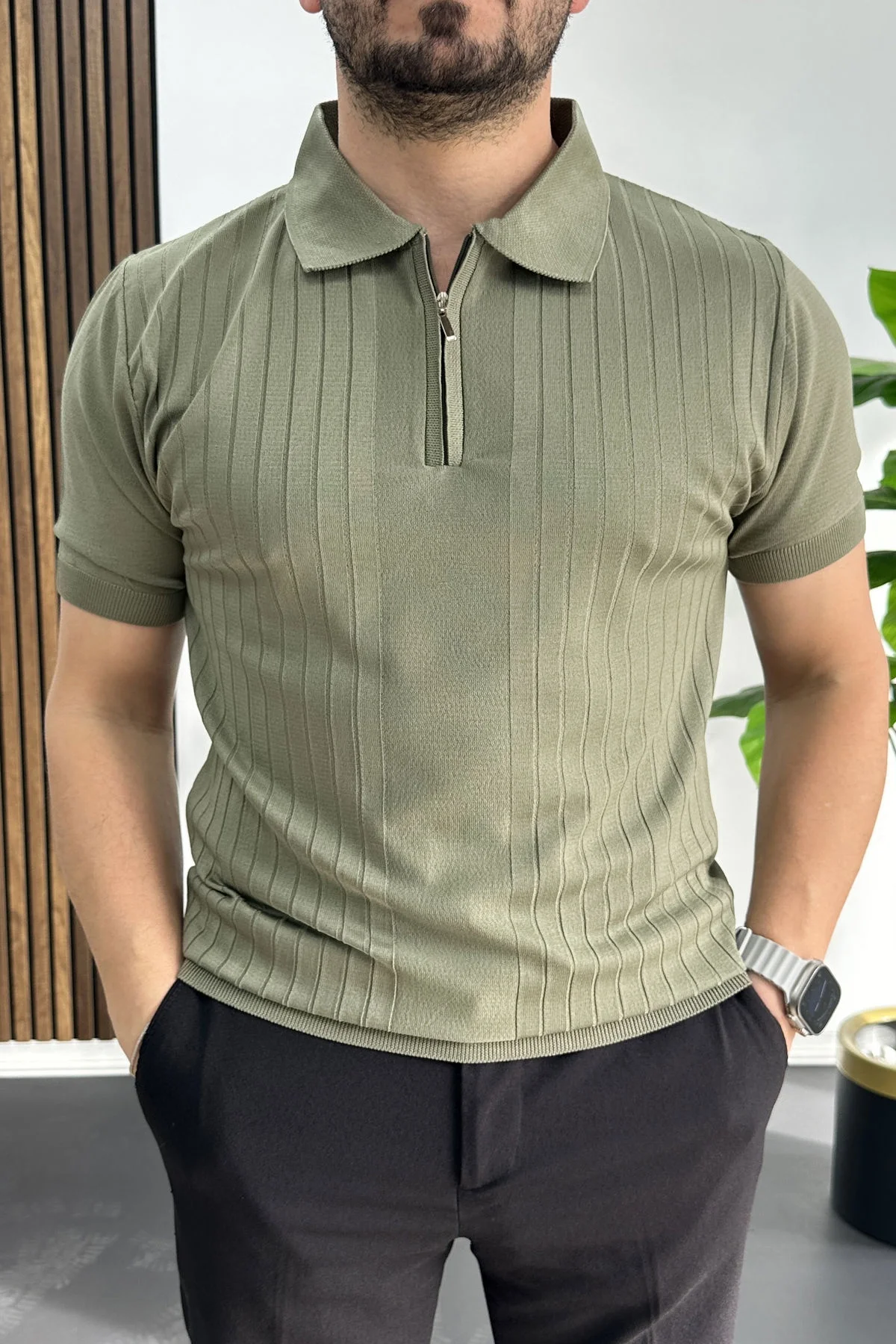 Erkek Çizgi Desenli Polo Yaka Açık Yeşil Edw458