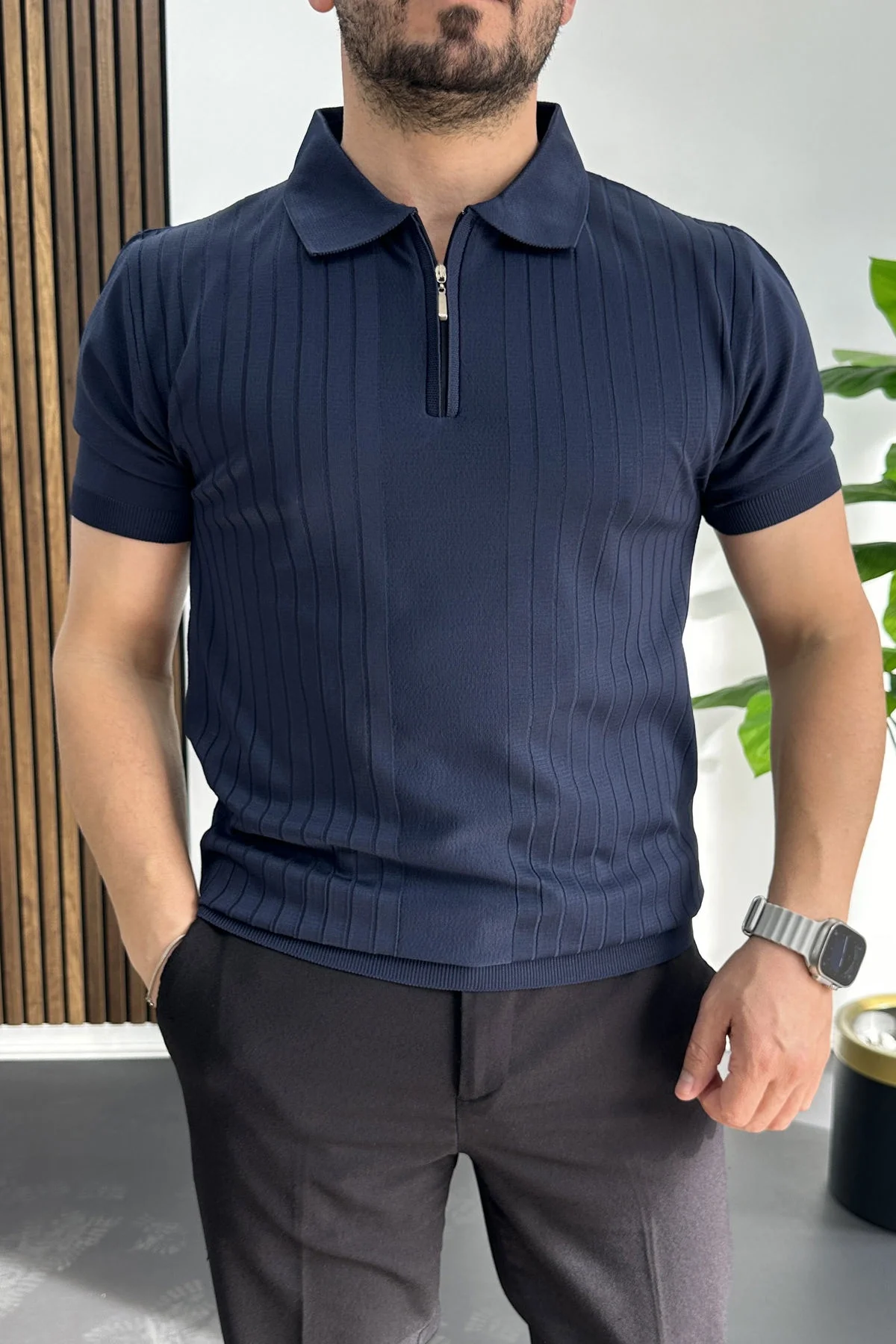 Erkek Çizgi Desenli Polo Yaka Lacivert Edw458