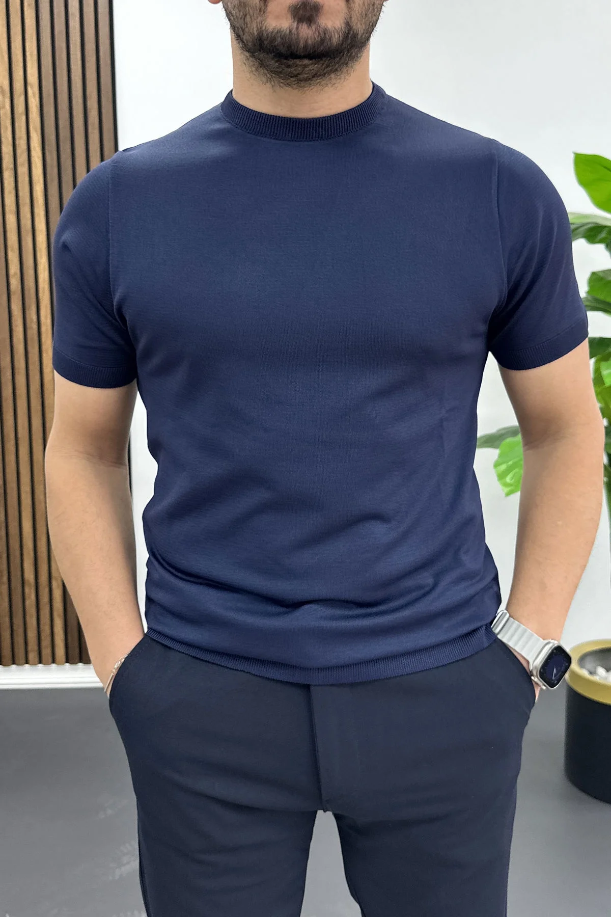 Erkek Düz Desen Bisiklet Yaka Tişört Lacivert Edw459