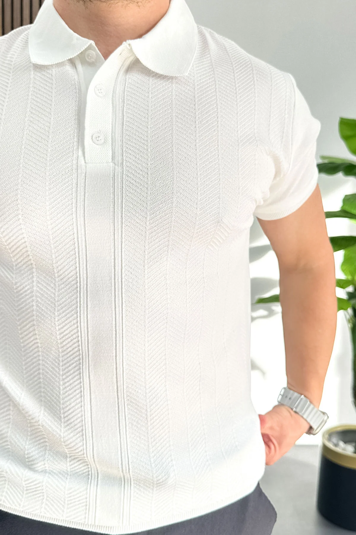 Erkek Desenli Polo Yaka Tişört Beyaz Edw460