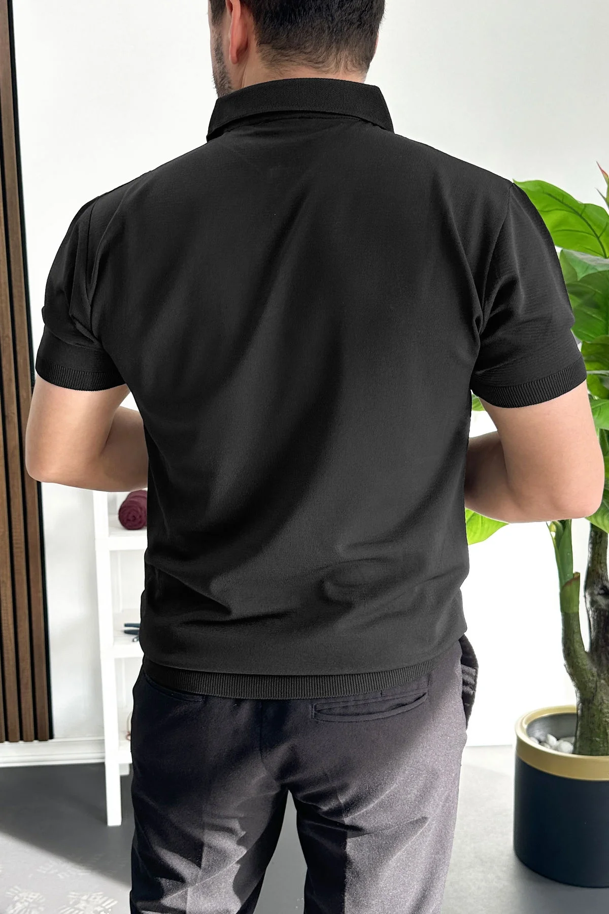 Erkek Desenli Polo Yaka Tişört Siyah Edw460