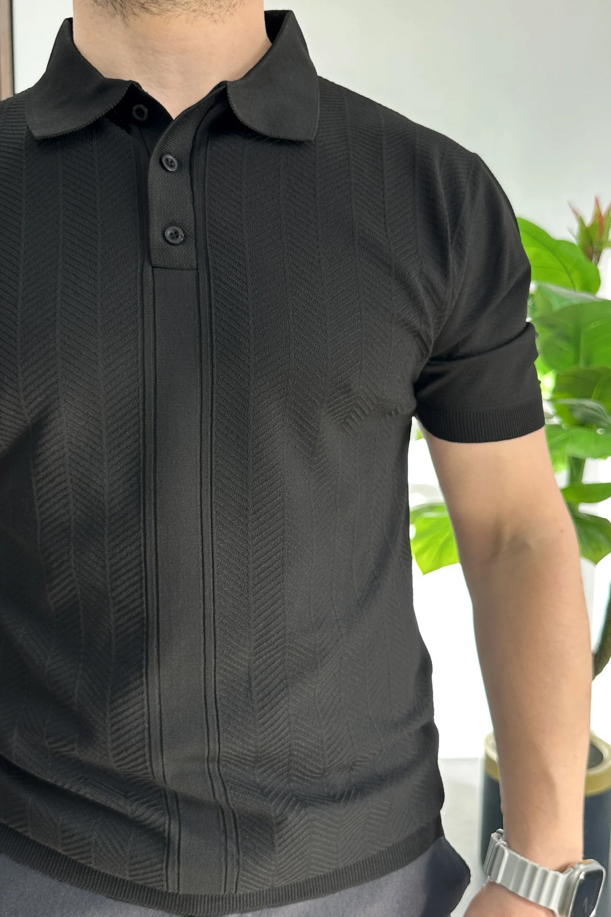 Erkek Desenli Polo Yaka Tişört Siyah Edw460