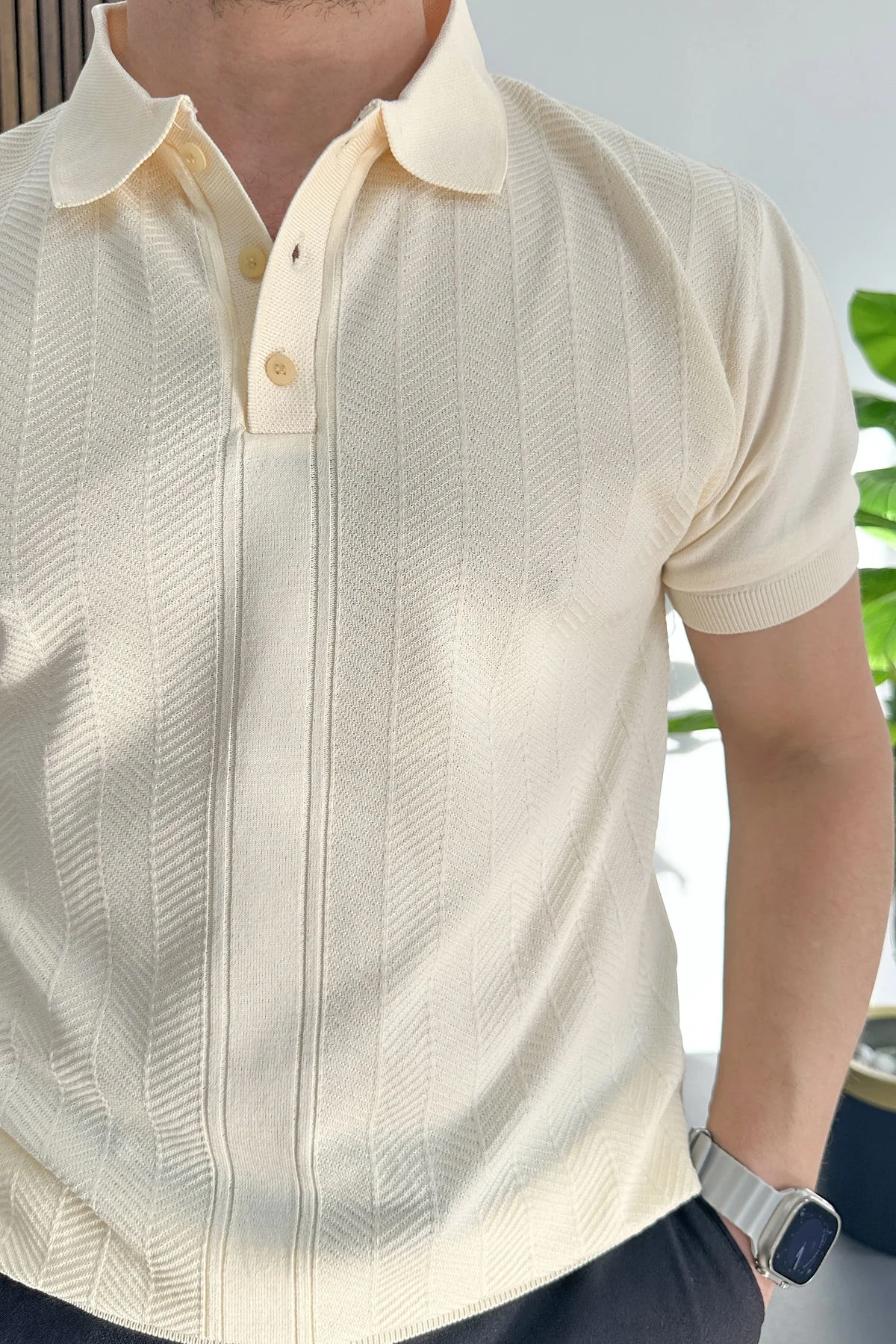 Erkek Desenli Polo Yaka Tişört Krem Edw460