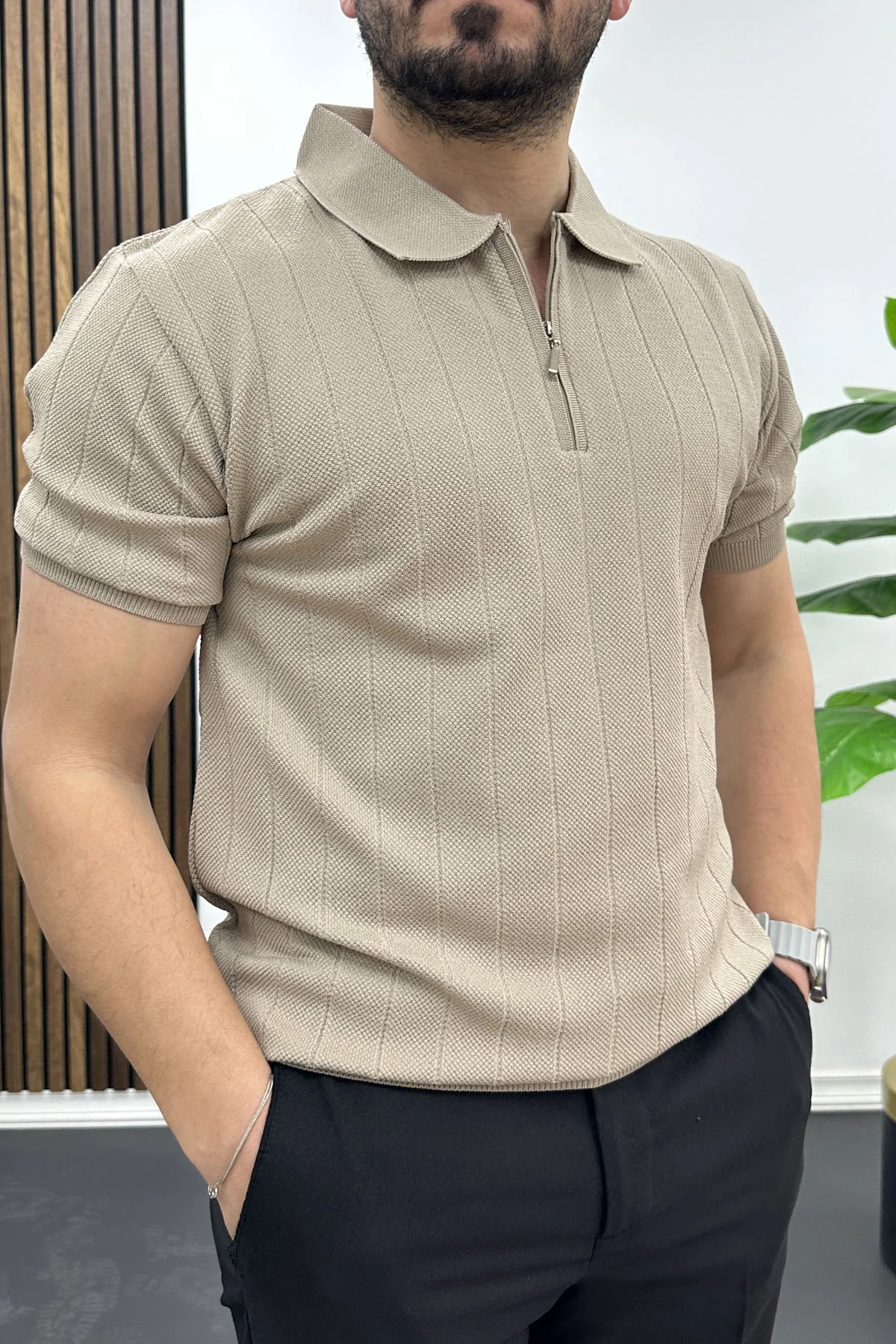 Erkek Nokta Desenli Polo Yaka Tişört Vizon Edw462