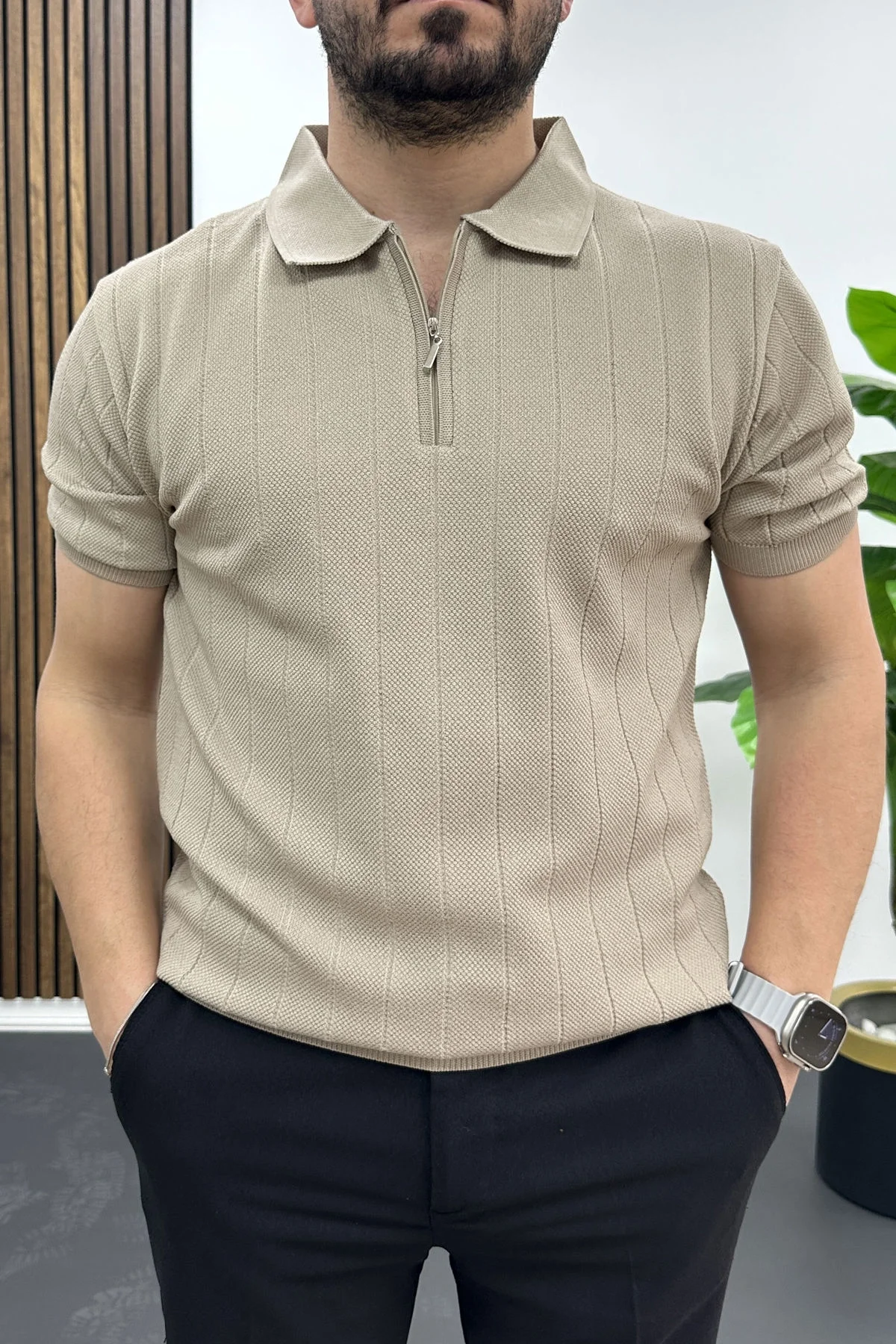 Erkek Nokta Desenli Polo Yaka Tişört Vizon Edw462