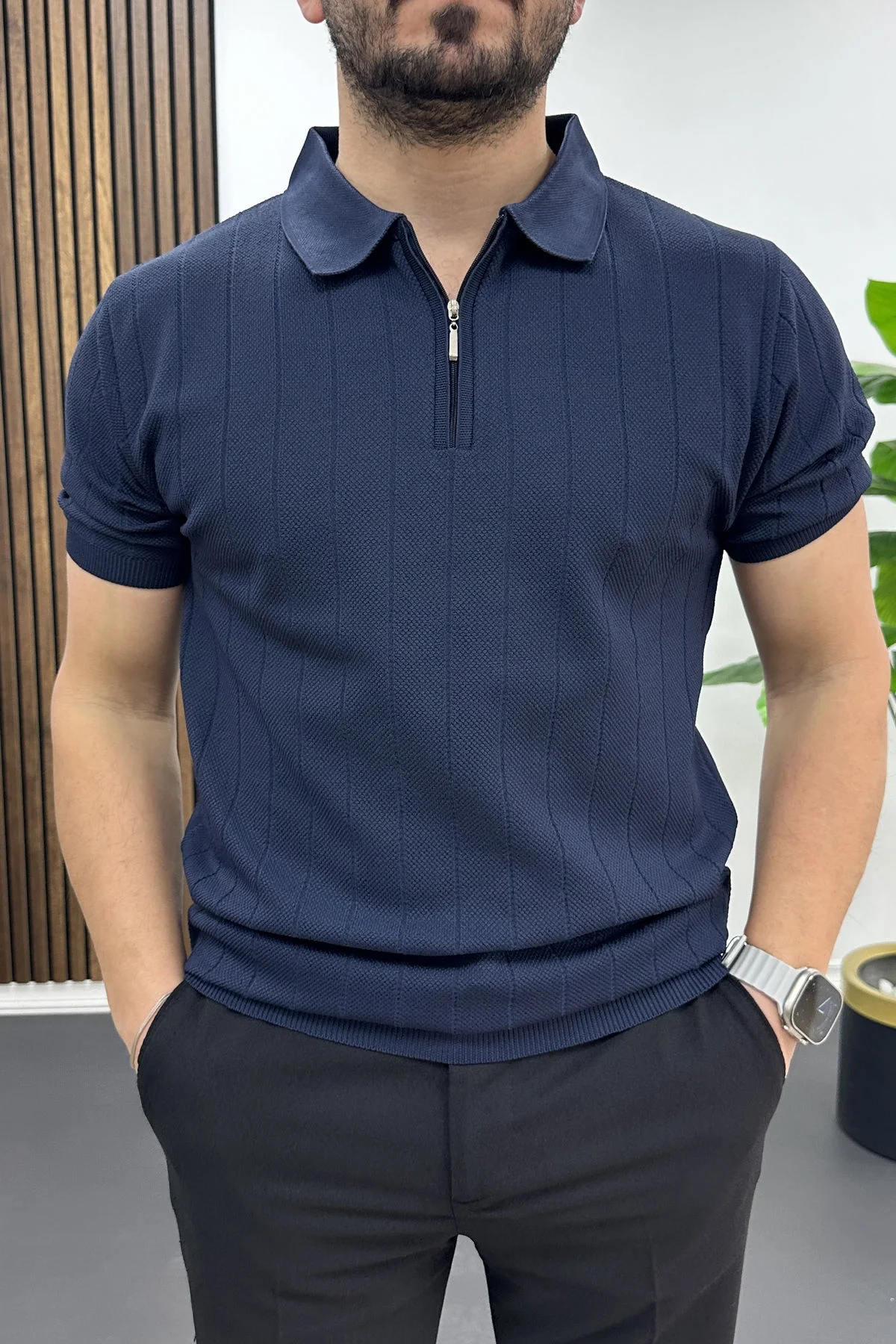 Erkek Nokta Desenli Polo Yaka Tişört Lacivert Edw462