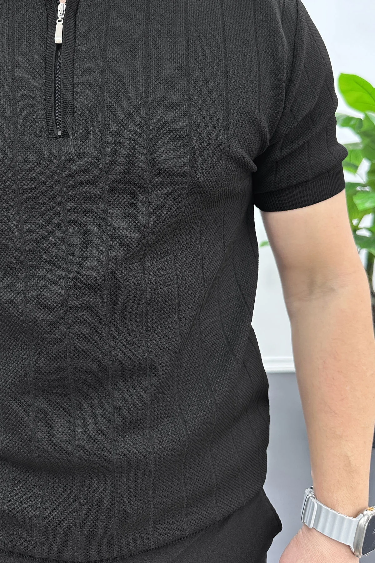 Erkek Nokta Desenli Polo Yaka Tişört Siyah Edw462