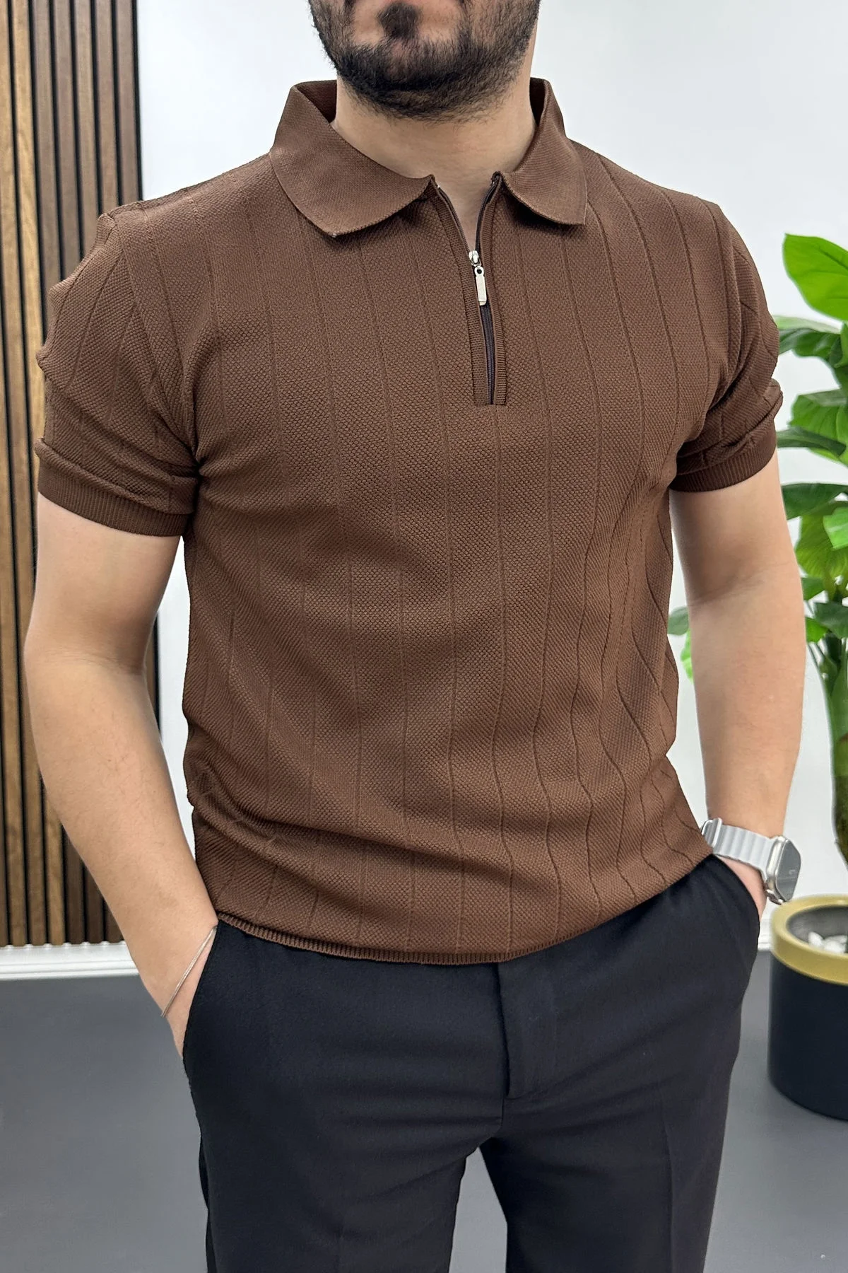 Erkek Nokta Desenli Polo Yaka Tişört Kahverengi Edw462