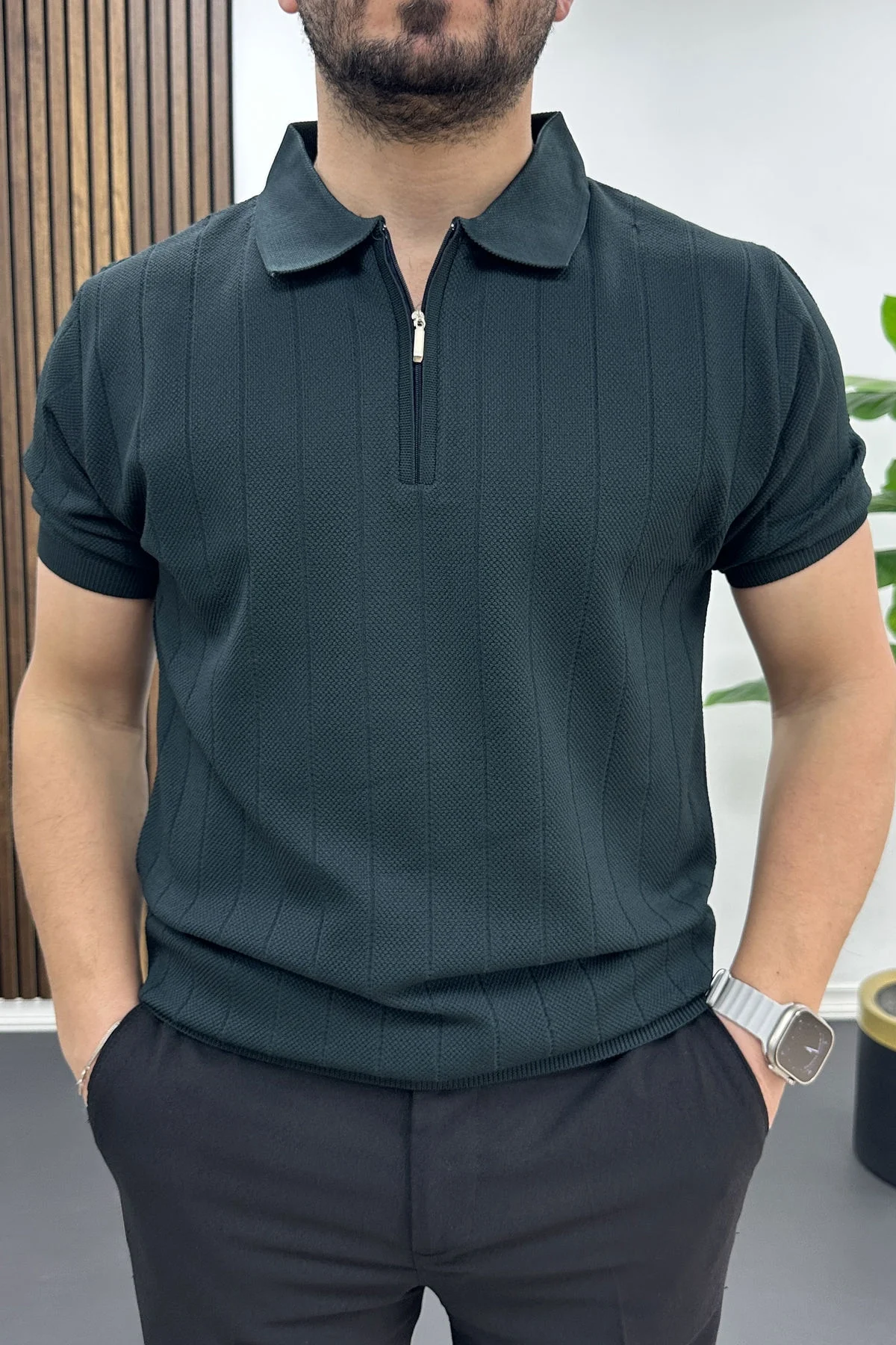 Erkek Nokta Desenli Polo Yaka Tişört Yeşil Edw462