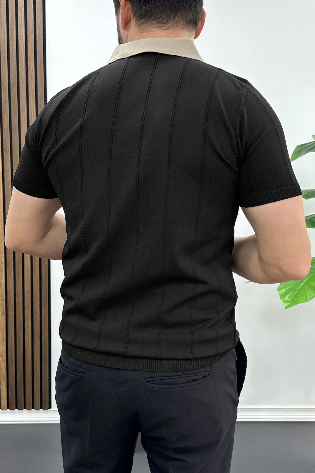 Erkek Yaka Detaylı Tişört Siyah Edw463