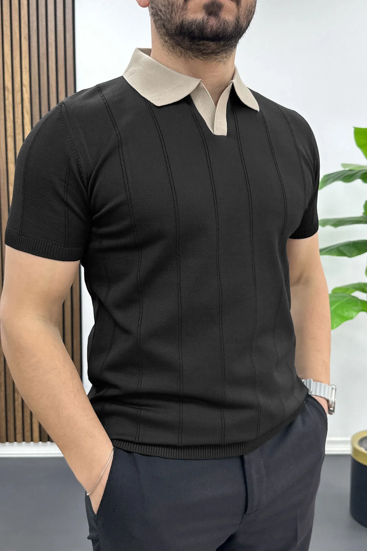 Erkek Yaka Detaylı Tişört Siyah Edw463