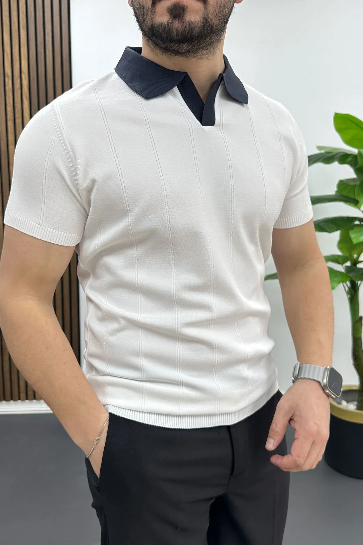 Erkek Yaka Detaylı Tişört Beyaz Edw463