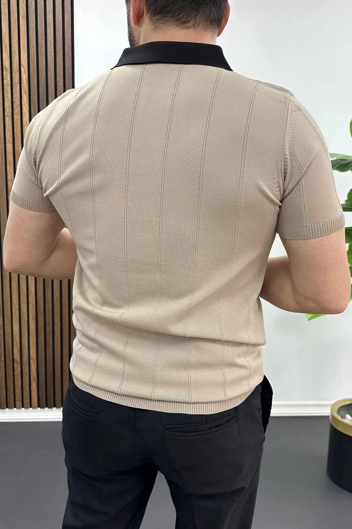 Erkek Yaka Detaylı Tişört Vizon Edw463