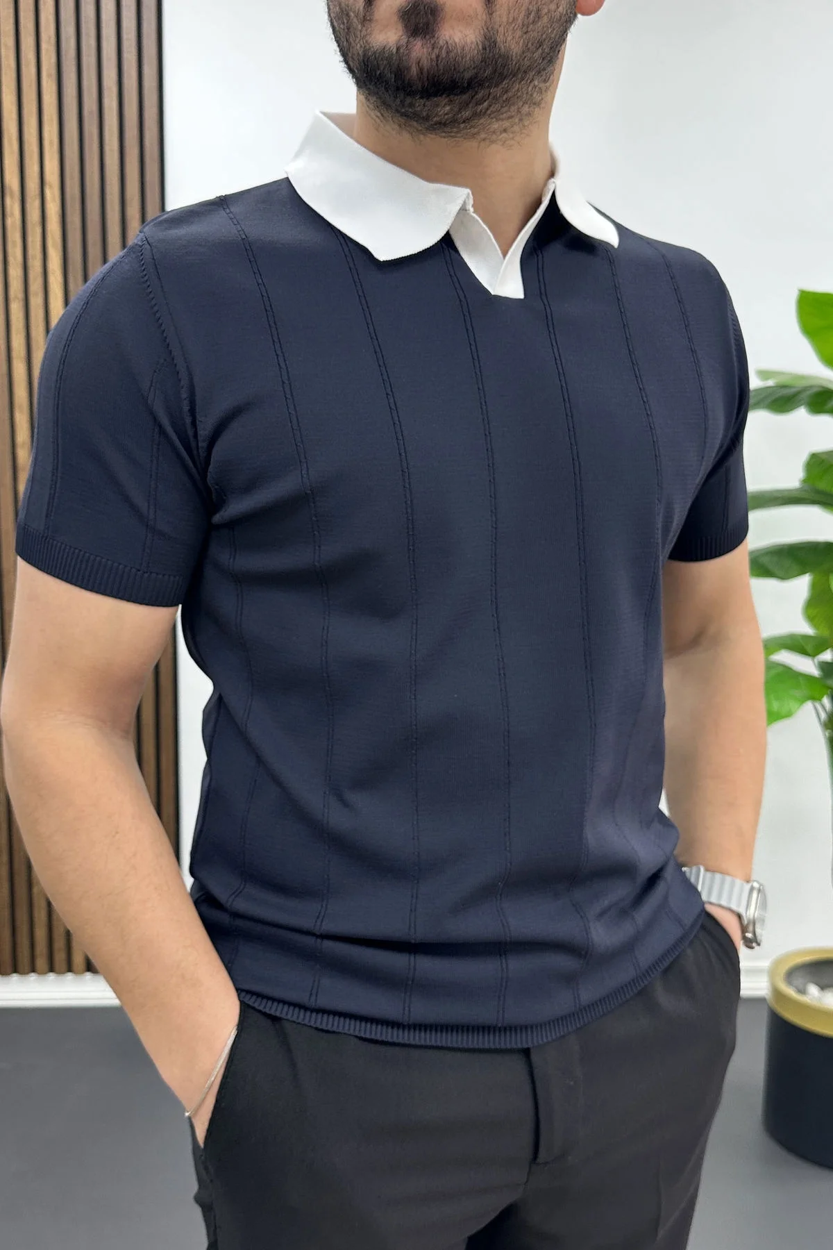 Erkek Yaka Detaylı Tişört Lacivert Edw463